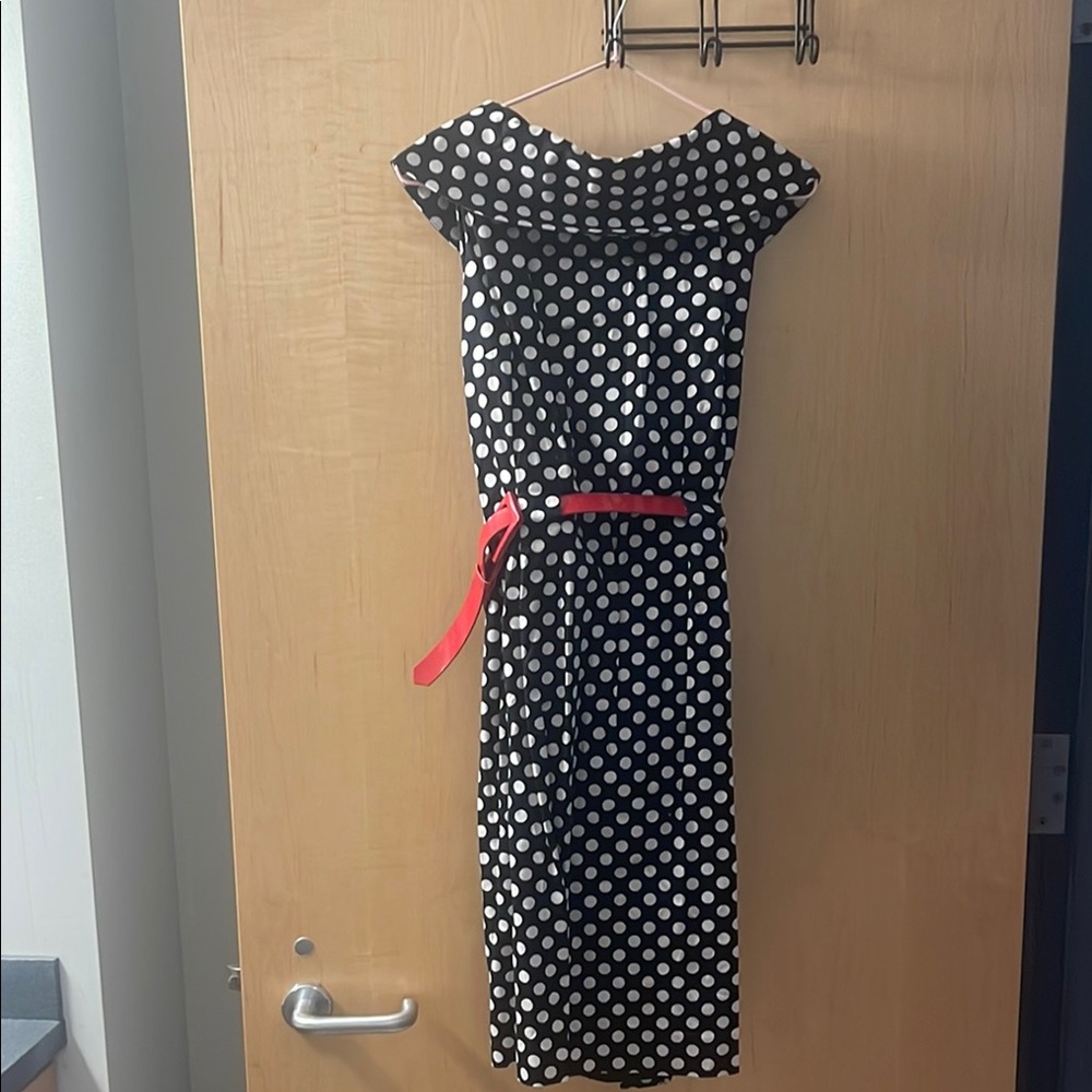 Polka Dot Black and White Dress with Red Belt